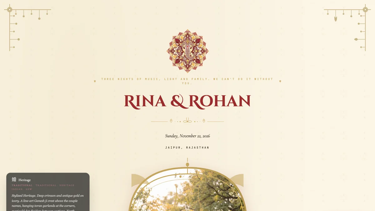 A rendered Heritage wedding template showing the couple names and curated ornaments.